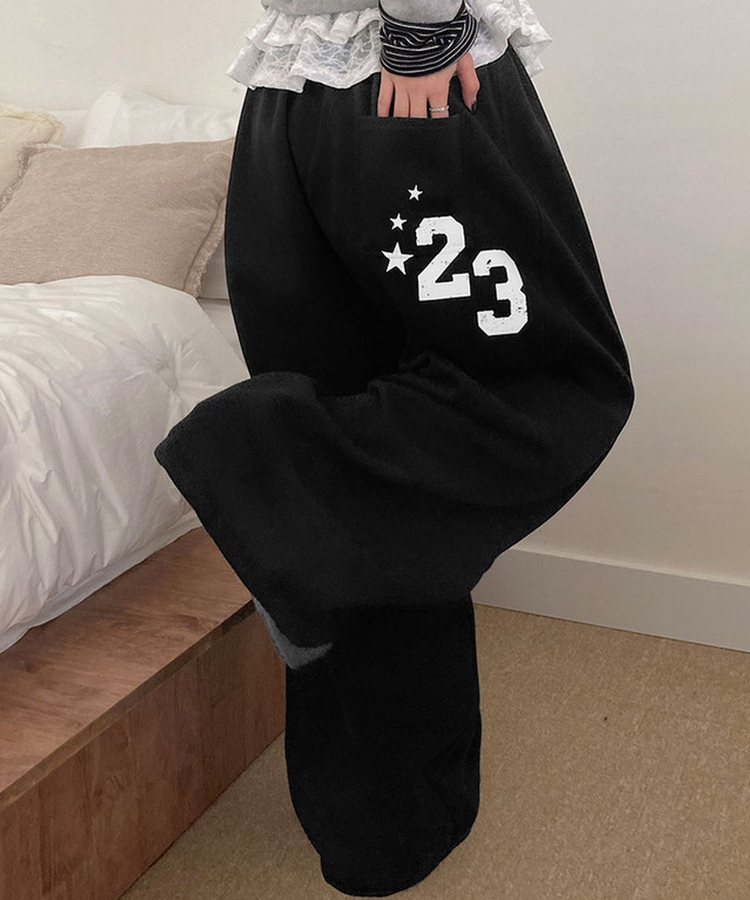 MADE루키 빈티지 레터링 나염 절개라인 와이드 트레이닝 팬츠 밑단스트링 밴딩 빈티지블랙