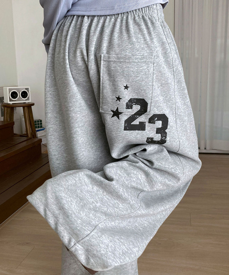 MADE루키 빈티지 레터링 나염 절개라인 와이드 트레이닝 팬츠 밑단스트링 밴딩 빈티지그레이