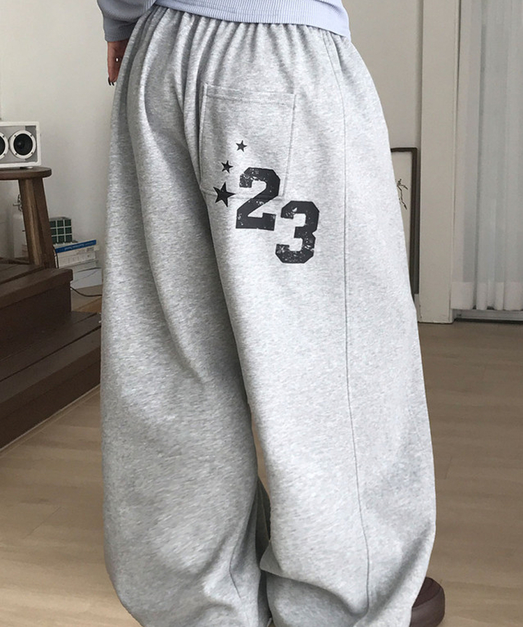 MADE루키 빈티지 레터링 나염 절개라인 와이드 트레이닝 팬츠 밑단스트링 밴딩 빈티지그레이