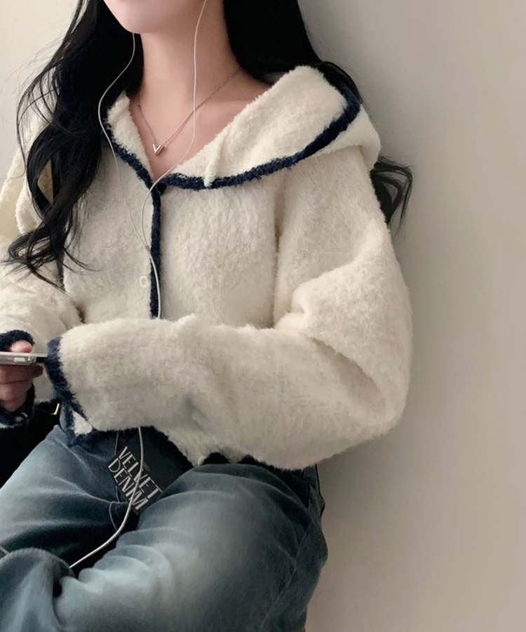 도로시 루즈핏 후드 크롭 니트 부클 가디건 아이보리