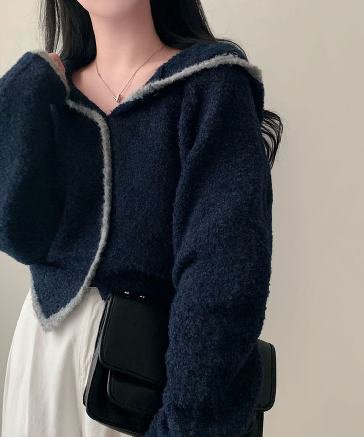 도로시 루즈핏 후드 크롭 니트 부클 가디건 네이비