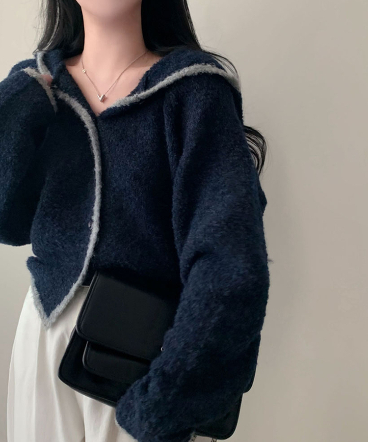 도로시 루즈핏 후드 크롭 니트 부클 가디건 네이비