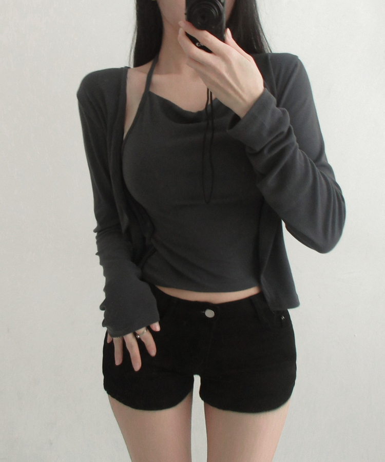 ドレープホルターレイヤードカーディガン(6color) CHARCOAL