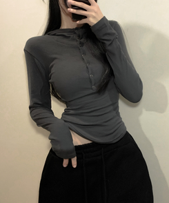 ウールスナップボタンフード長袖Tシャツ(5color) CHARCOAL