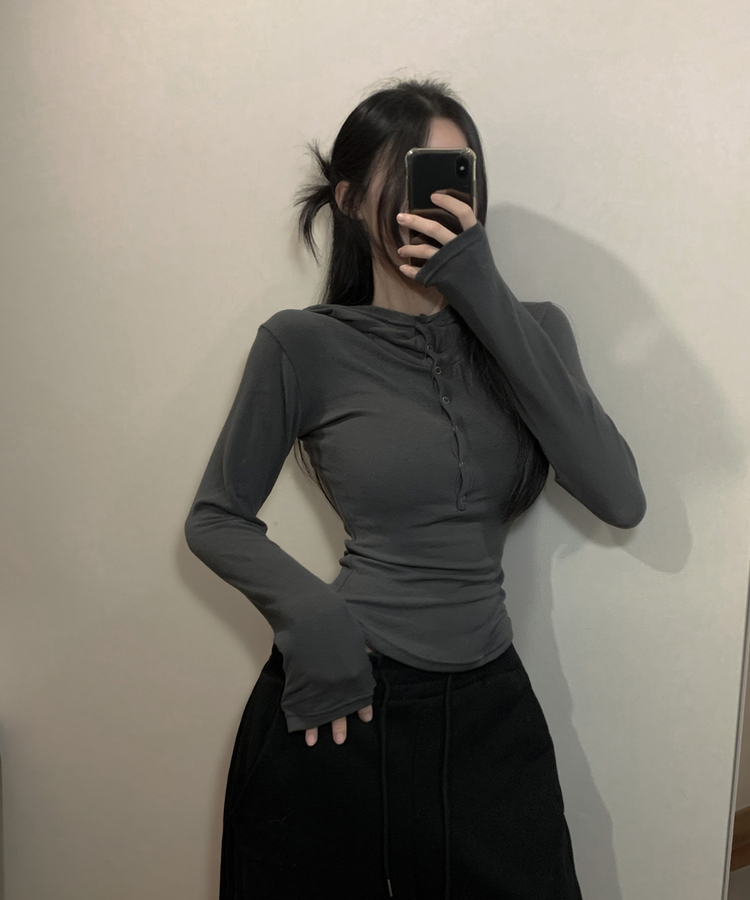 ウールスナップボタンフード長袖Tシャツ(5color) CHARCOAL