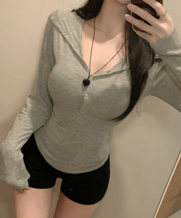 ウールスナップボタンフード長袖Tシャツ(5color) GREY