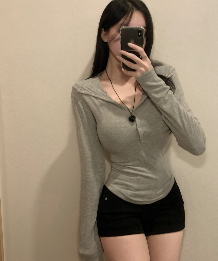 ウールスナップボタンフード長袖Tシャツ(5color) GREY