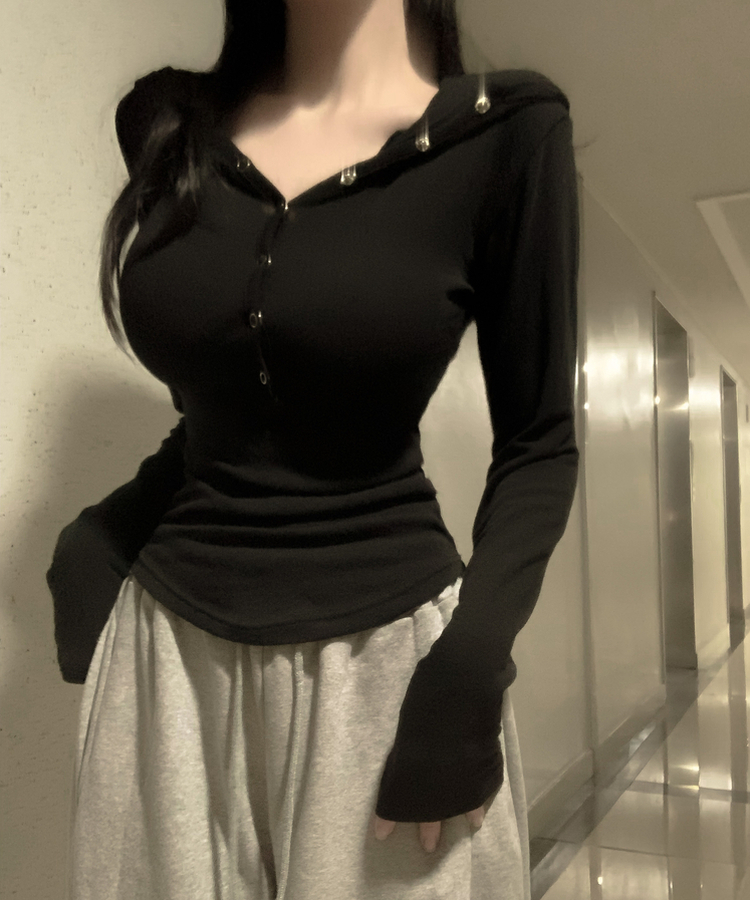 ウールスナップボタンフード長袖Tシャツ(5color) BLACK