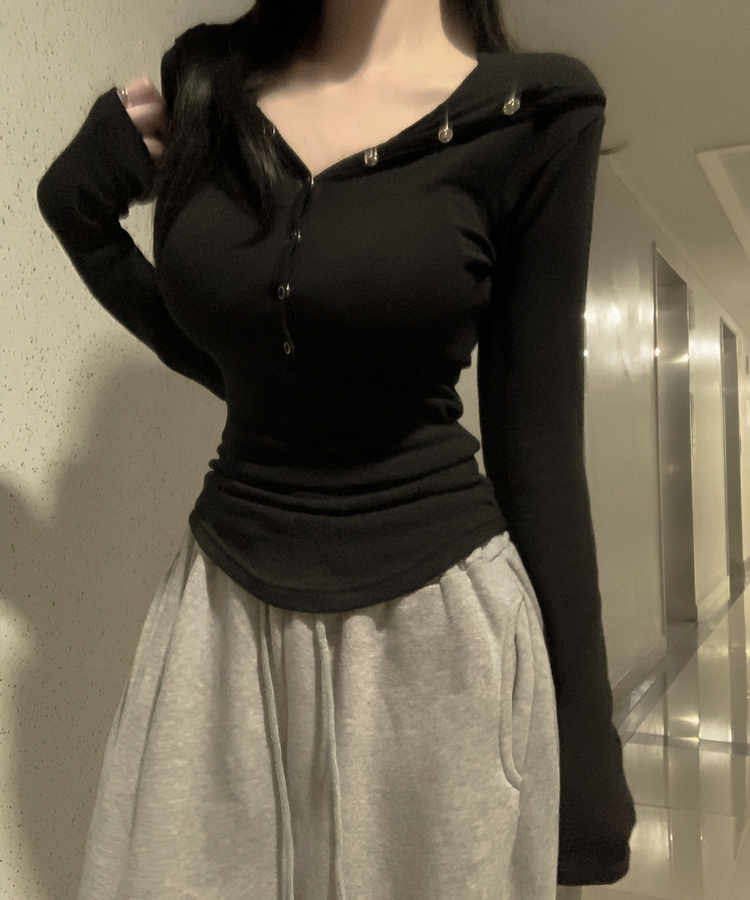 ウールスナップボタンフード長袖Tシャツ(5color) BLACK