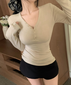 ボタンロングスリーブ長袖Tシャツ(6color) BEIGE