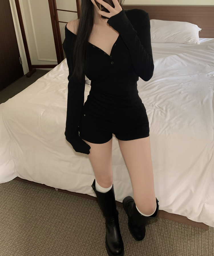 ボタンロングスリーブ長袖Tシャツ(6color) BLACK