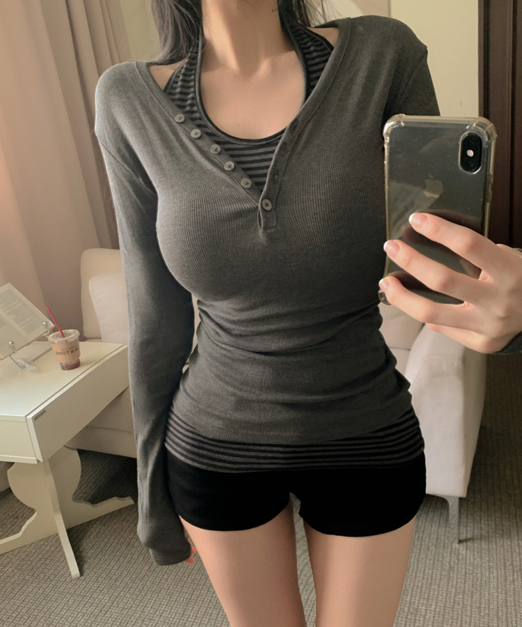 ボタンロングスリーブ長袖Tシャツ(6color) CHARCOAL