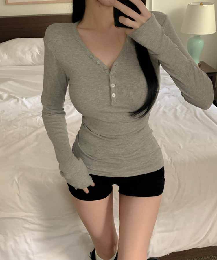 ボタンロングスリーブ長袖Tシャツ(6color) GREY