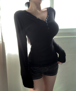 スナップVネックオフショルダー長袖TシャツS(7color) BLACK