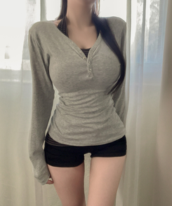 スナップVネックオフショルダー長袖TシャツS(7color) GREY