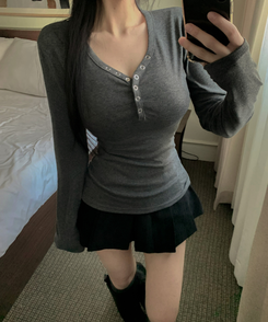 スナップVネックオフショルダー長袖TシャツS(7color) CHARCOAL