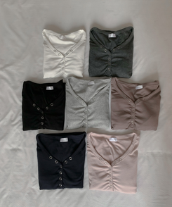 スナップVネックオフショルダー長袖TシャツS(7color)