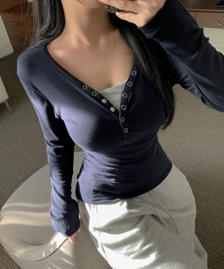 スナップVネックオフショルダー長袖TシャツS(7color) NAVY