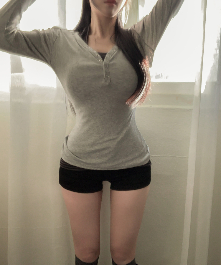 スナップVネックオフショルダー長袖TシャツS(7color) GREY