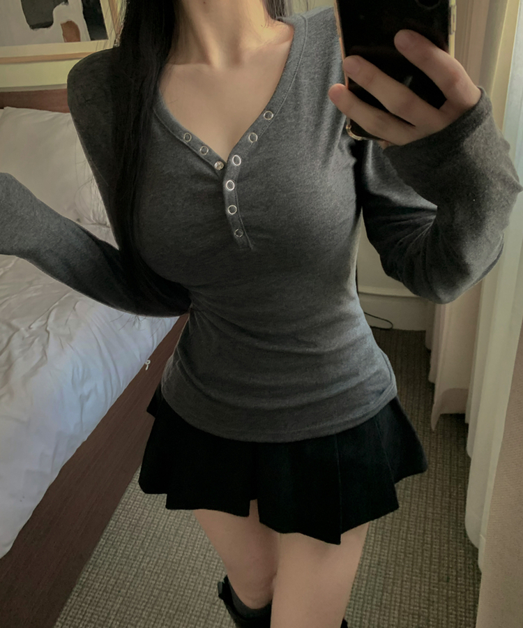 スナップVネックオフショルダー長袖TシャツS(7color) CHARCOAL