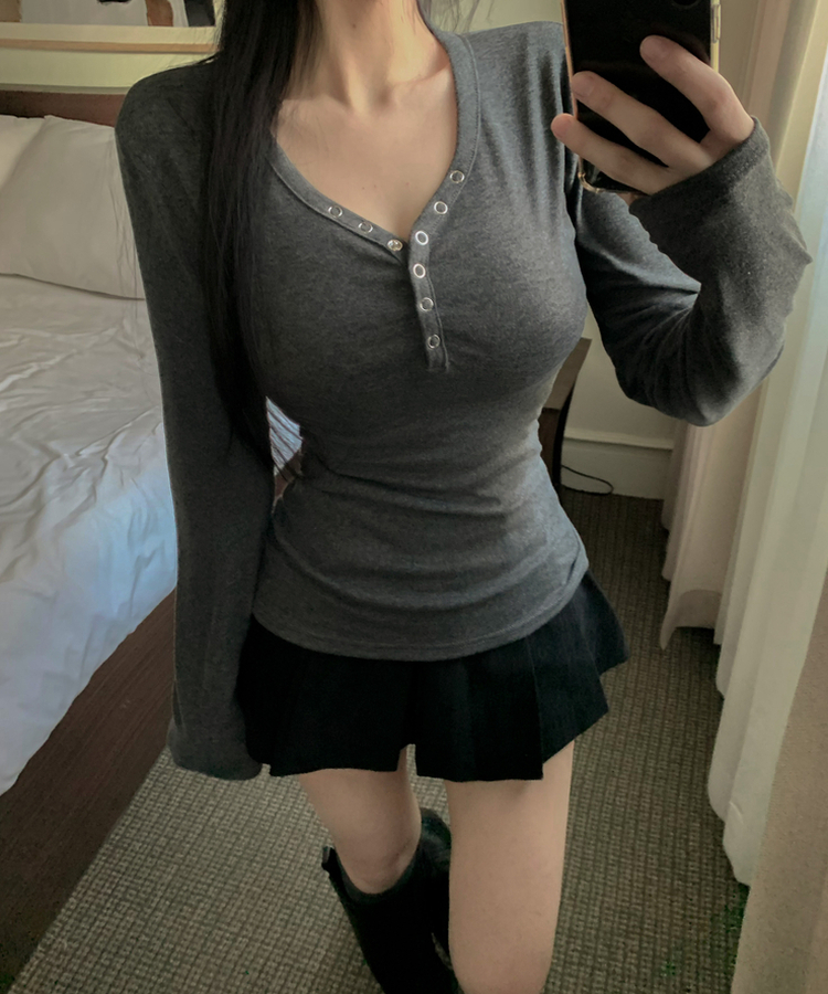 スナップVネックオフショルダー長袖TシャツS(7color) CHARCOAL