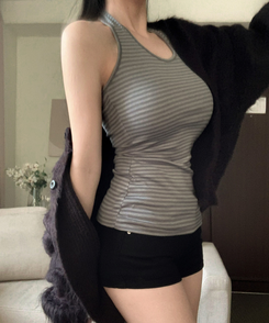 ボーダーホルターネックロングキャミソール GREY