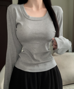 コットンディープUネック長袖Tシャツ(7color) GREY