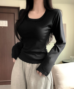 コットンディープUネック長袖Tシャツ(7color) BLACK