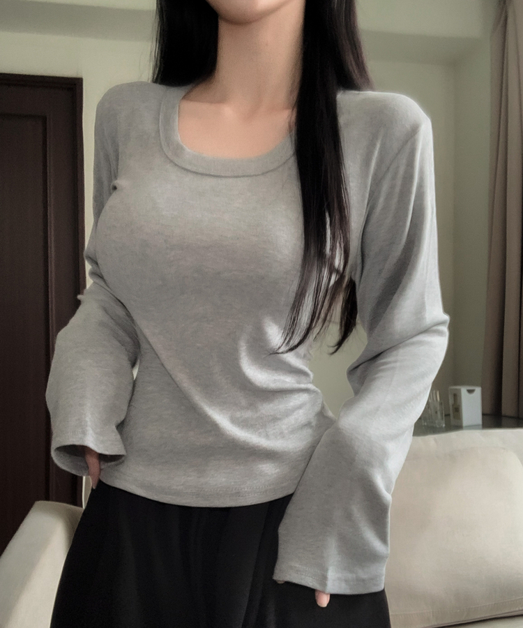 コットンディープUネック長袖Tシャツ(7color) GREY