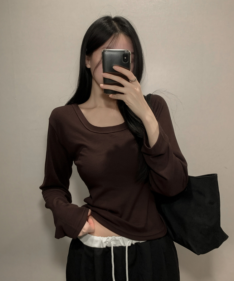 コットンディープUネック長袖Tシャツ(7color) BROWN