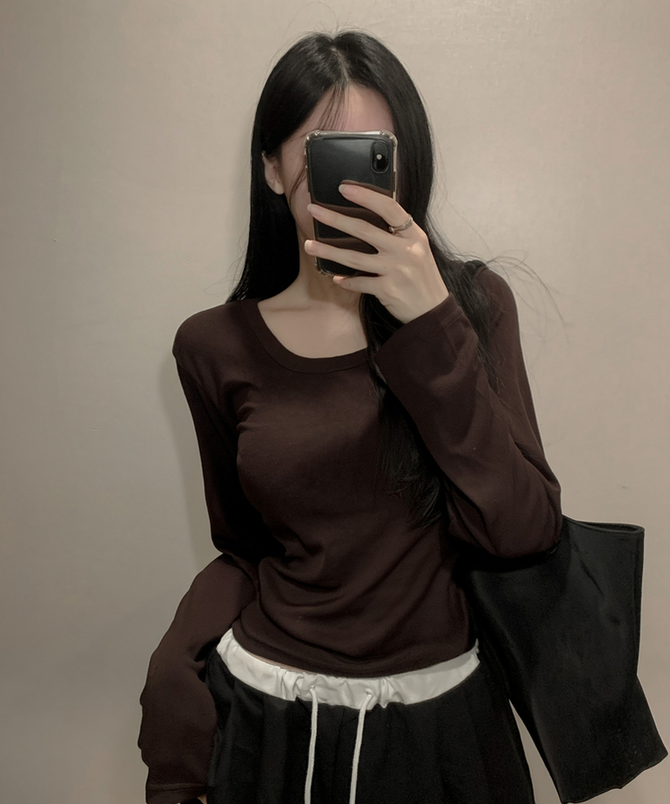 コットンディープUネック長袖Tシャツ(7color) BROWN