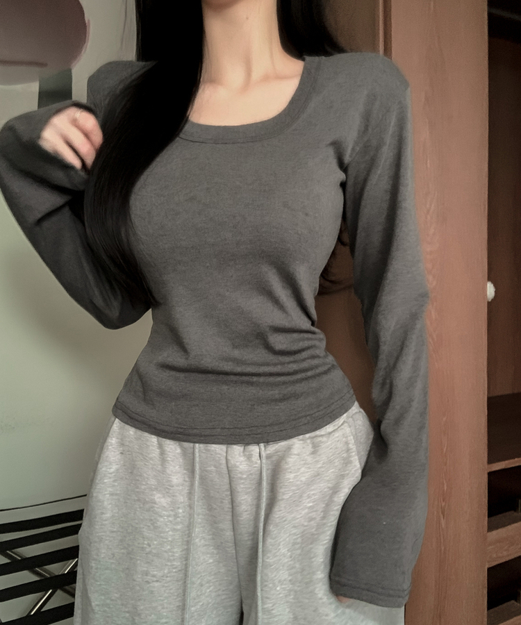 コットンディープUネック長袖Tシャツ(7color) CHARCOAL