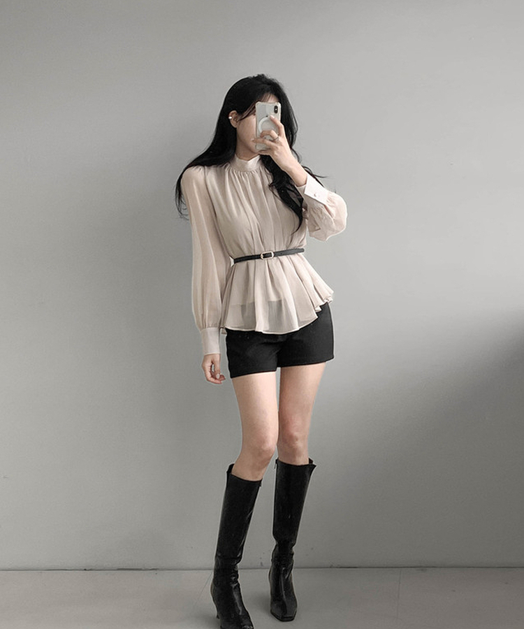 【ベルト付き】シフォンリボンブラウス BEIGE