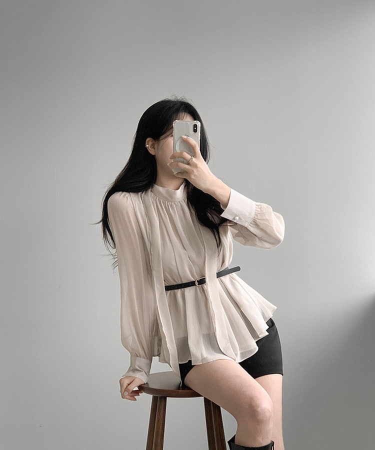 【ベルト付き】シフォンリボンブラウス BEIGE