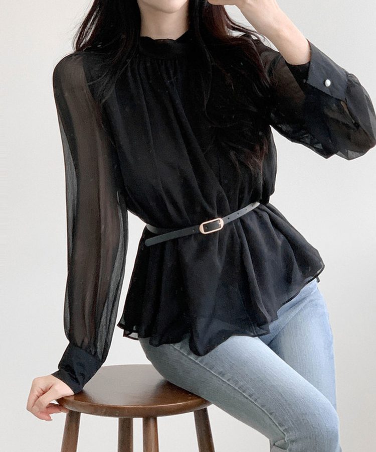 【ベルト付き】シフォンリボンブラウス BLACK