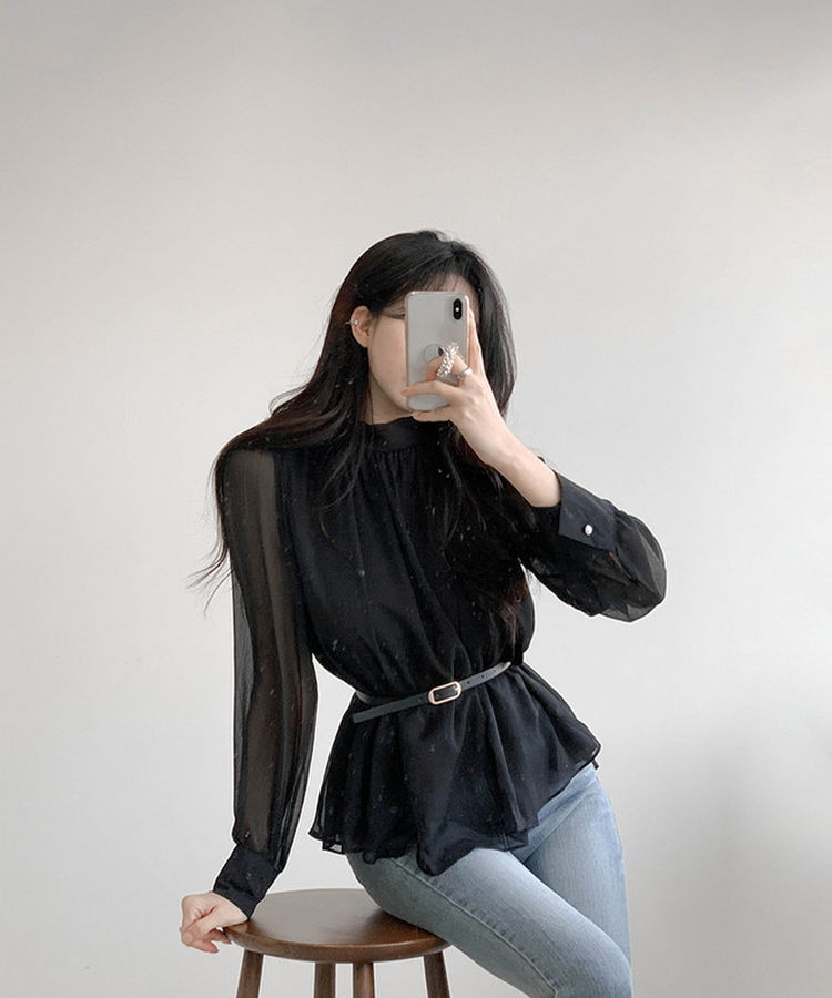 【ベルト付き】シフォンリボンブラウス BLACK