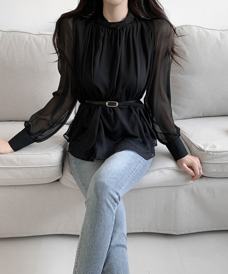 【ベルト付き】シフォンリボンブラウス BLACK