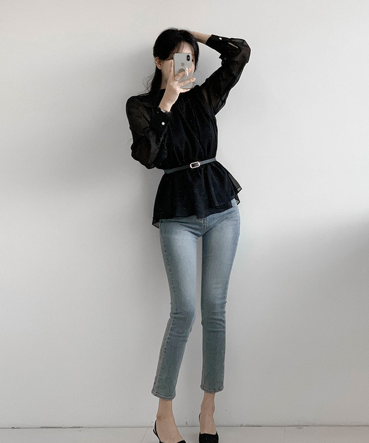 【ベルト付き】シフォンリボンブラウス BLACK