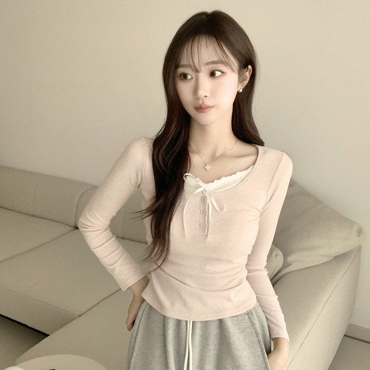 슈슈 리본 레이스 긴팔 셔링 단추 티셔츠 프릴 레이어드 일체형 긴팔티 슬림핏 상의 데일리 봄 면티 핑크