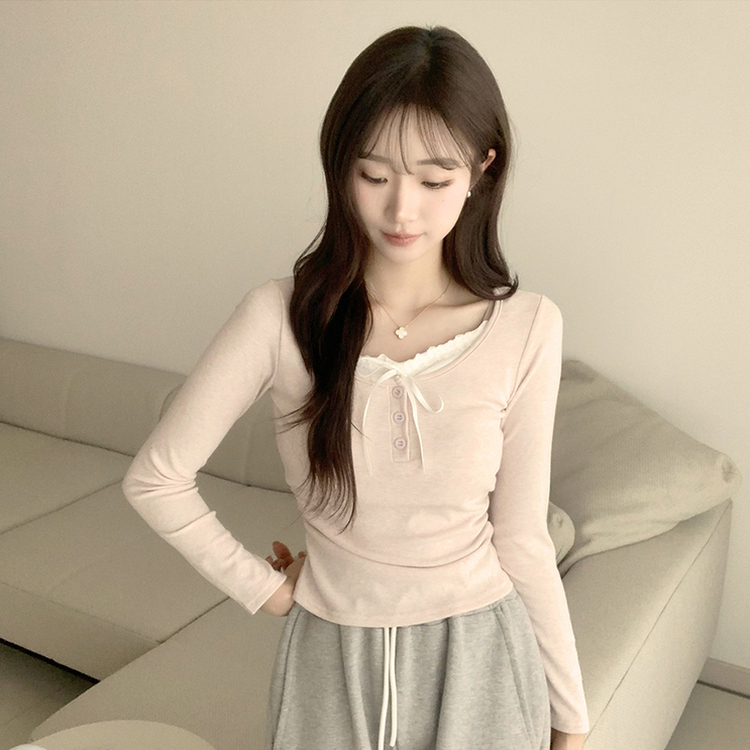 슈슈 리본 레이스 긴팔 셔링 단추 티셔츠 프릴 레이어드 일체형 긴팔티 슬림핏 상의 데일리 봄 면티 핑크