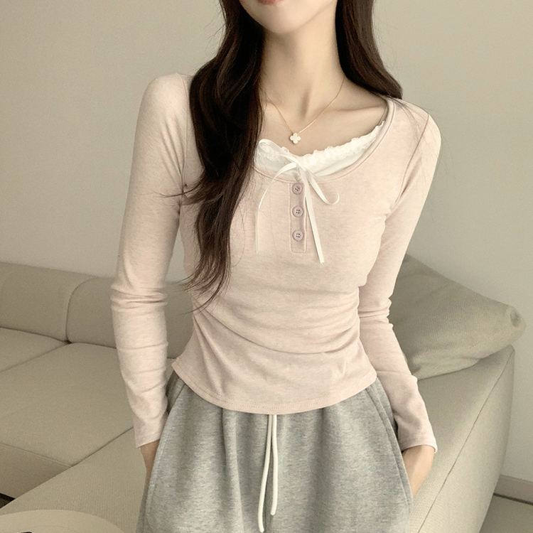 슈슈 리본 레이스 긴팔 셔링 단추 티셔츠 프릴 레이어드 일체형 긴팔티 슬림핏 상의 데일리 봄 면티 핑크