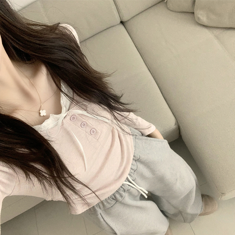 슈슈 리본 레이스 긴팔 셔링 단추 티셔츠 프릴 레이어드 일체형 긴팔티 슬림핏 상의 데일리 봄 면티 핑크