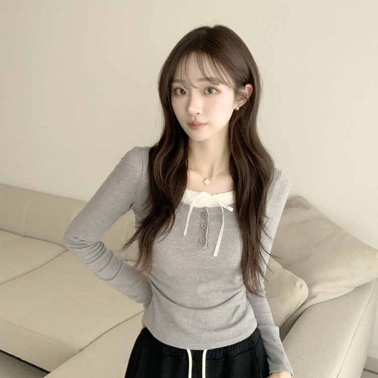슈슈 리본 레이스 긴팔 셔링 단추 티셔츠 프릴 레이어드 일체형 긴팔티 슬림핏 상의 데일리 봄 면티 그레이