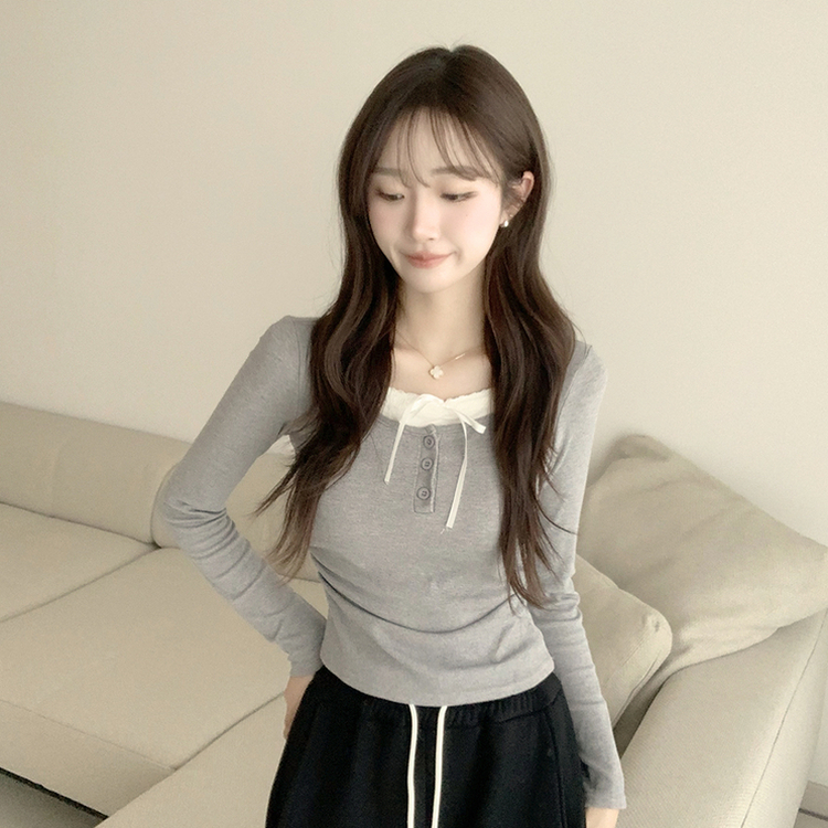 슈슈 리본 레이스 긴팔 셔링 단추 티셔츠 프릴 레이어드 일체형 긴팔티 슬림핏 상의 데일리 봄 면티 그레이