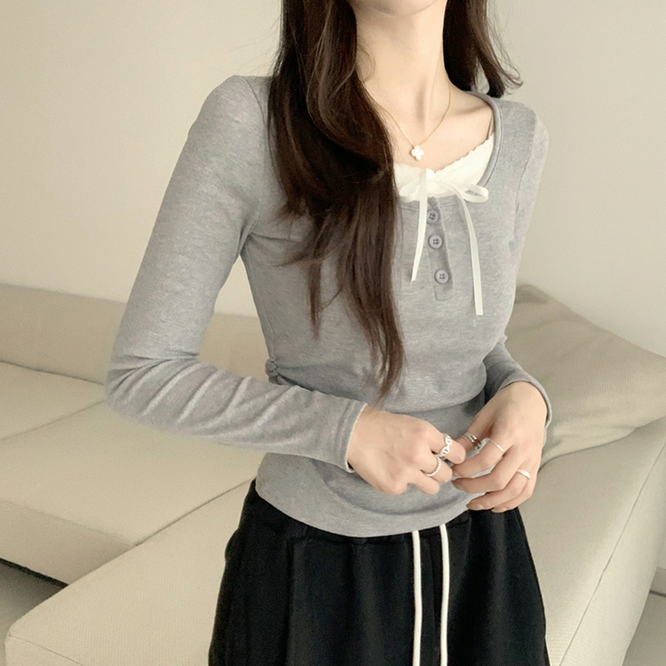 슈슈 리본 레이스 긴팔 셔링 단추 티셔츠 프릴 레이어드 일체형 긴팔티 슬림핏 상의 데일리 봄 면티 그레이