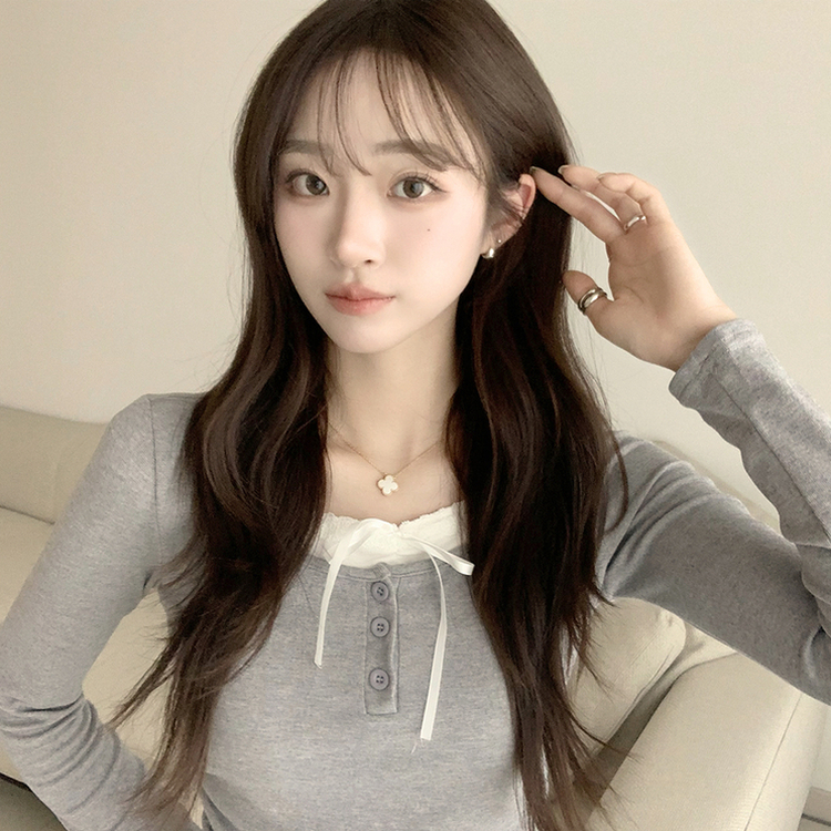슈슈 리본 레이스 긴팔 셔링 단추 티셔츠 프릴 레이어드 일체형 긴팔티 슬림핏 상의 데일리 봄 면티 그레이