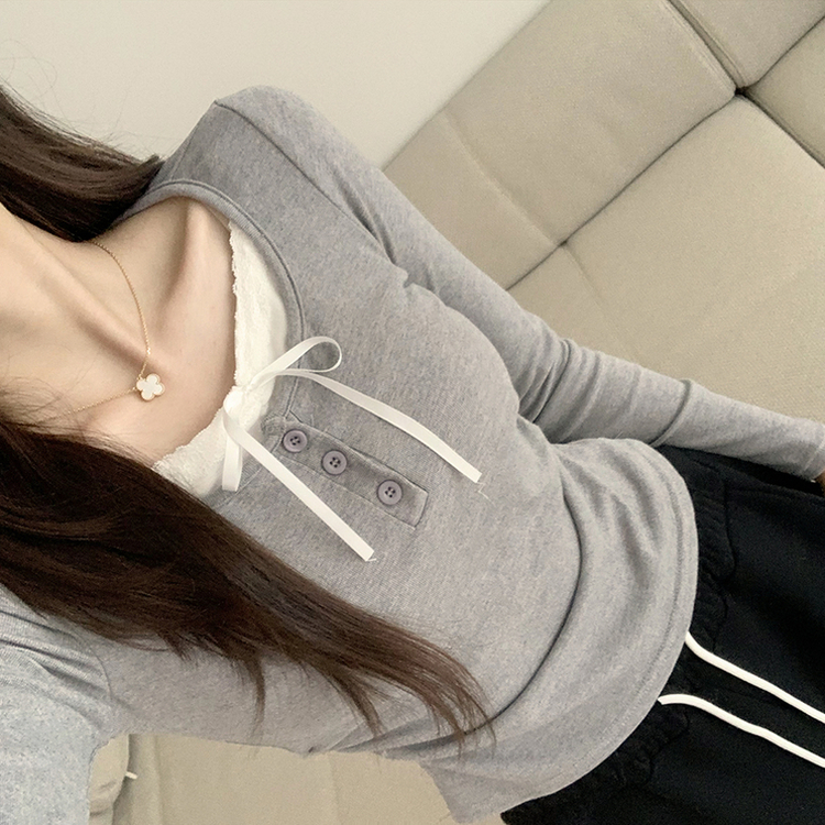 슈슈 리본 레이스 긴팔 셔링 단추 티셔츠 프릴 레이어드 일체형 긴팔티 슬림핏 상의 데일리 봄 면티 그레이