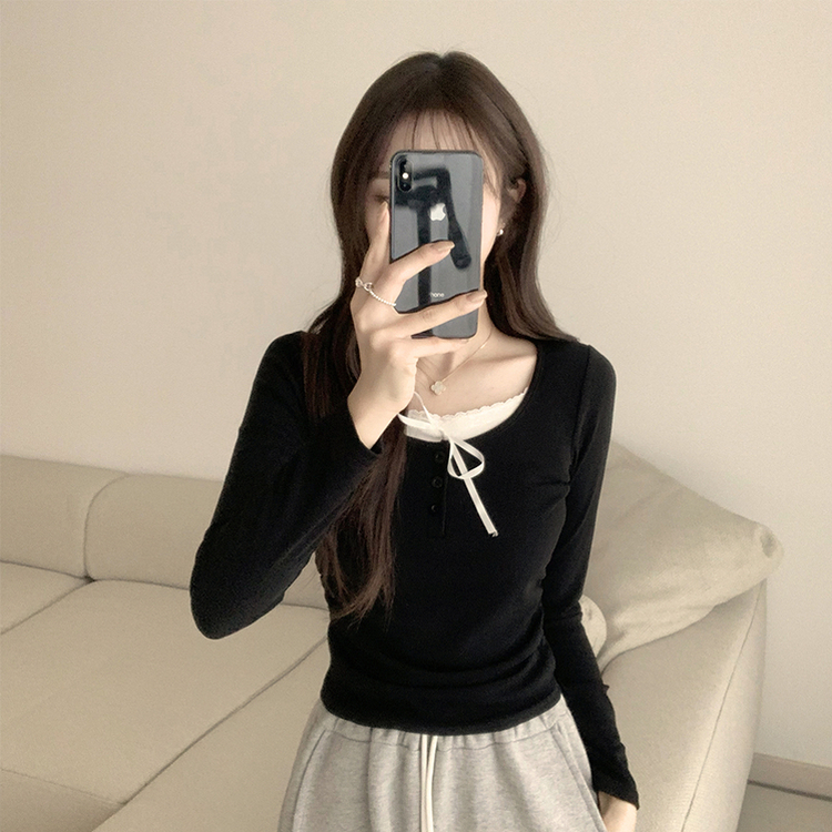 슈슈 리본 레이스 긴팔 셔링 단추 티셔츠 프릴 레이어드 일체형 긴팔티 슬림핏 상의 데일리 봄 면티 블랙