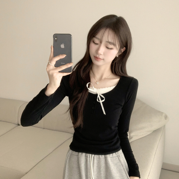 슈슈 리본 레이스 긴팔 셔링 단추 티셔츠 프릴 레이어드 일체형 긴팔티 슬림핏 상의 데일리 봄 면티 블랙