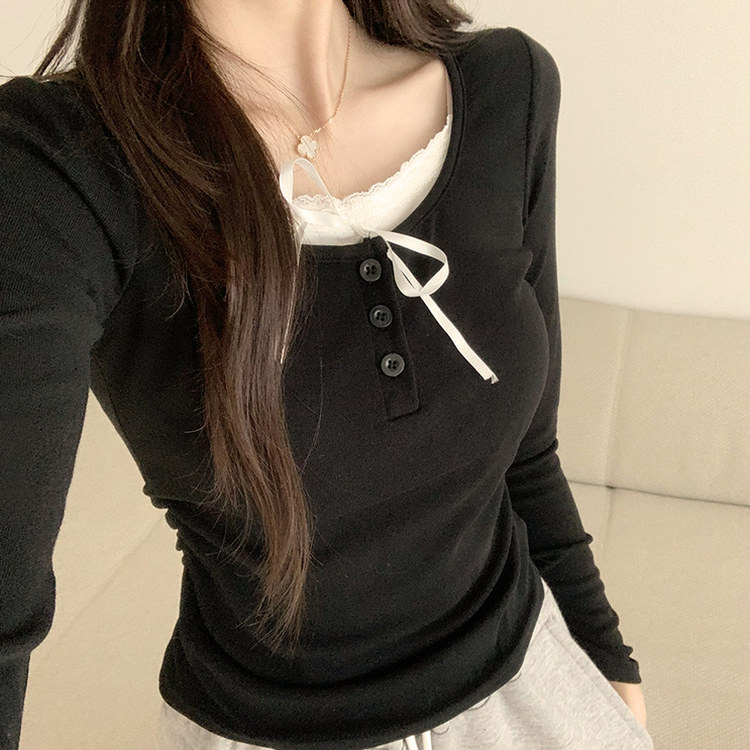 슈슈 리본 레이스 긴팔 셔링 단추 티셔츠 프릴 레이어드 일체형 긴팔티 슬림핏 상의 데일리 봄 면티 블랙